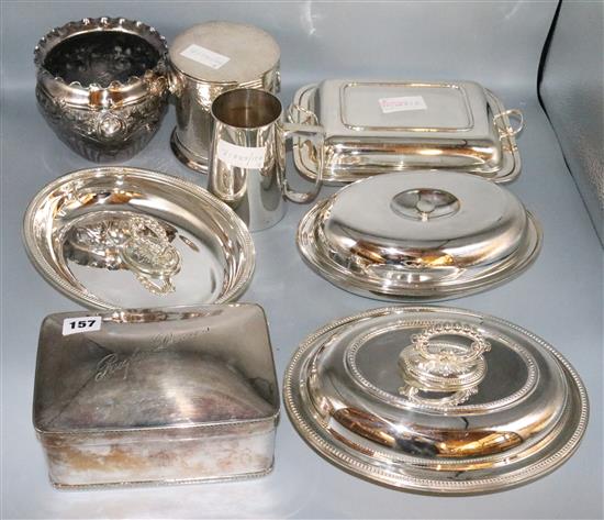 4 entree dishes, Elkington box, biscuit barrel, mug, repousse bowl